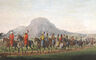 A watercolour drawing depicting a pasha travelling in a mountainous landascape, escorted by attendants on horseback.
